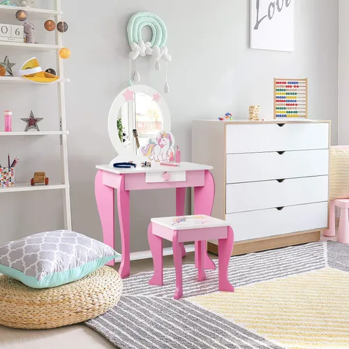 Miniatura 6 de Costzon Juego de tocador para niños con espejo, mesa de maquillaje y vestidor de princesa de madera 2 en 1 con parte superior desmontable, tocador