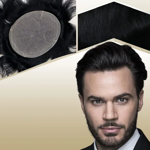 Tupé de cabello humano europeo para hombres, suave, completo, sistema de reemplazo de cabello de encaje suizo, 10 x 8 pulgadas, lacio, #1 color 1B