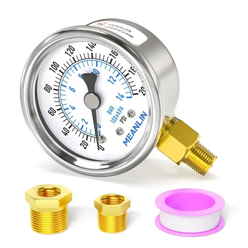 Miniatura 14 de MEANLIN MEASURE Medidor de presión en seco de acero inoxidable de 0 ~ 200 psi, esfera de cara NPT de 2 pulgadas, impermeable para compresor de aire
