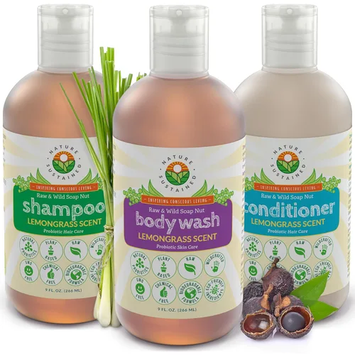 Champú probiótico de bayas jabonosas, gel de baño y acondicionador [Lemongrass] (paquete de regalo de 3 unidades) para piel y cabello sensibles y