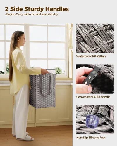 Miniatura 6 de GREENSTELL Cesta para ropa sucia con ruedas y tapa, 130 L, cesta grande de 3 secciones con 2 tipos de bolsas de forro extraíbles, 5 bolsas de malla