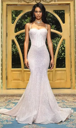 Miniatura 4 de Huaxiafan Vestidos de fiesta de sirena con lentejuelas para mujer, con tirantes delgados, vestido formal brillante, vestidos de noche