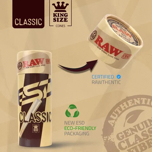 Miniatura 3 de RAW Cones Classic King Size – Paquete de 100 – Papel preenrollado de combustión lenta con puntas y tubos de embalaje incluidos