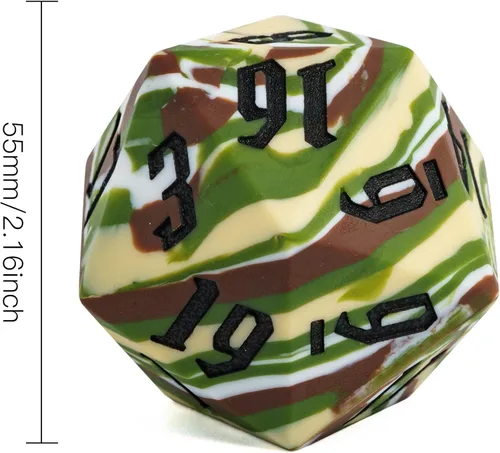 Miniatura 8 de 55mm de silicona D20, dado único de 20 lados gigante D20 grande D20, colores camuflaje, tacto suave y cómodo, rebote perfecto, para juegos de rol