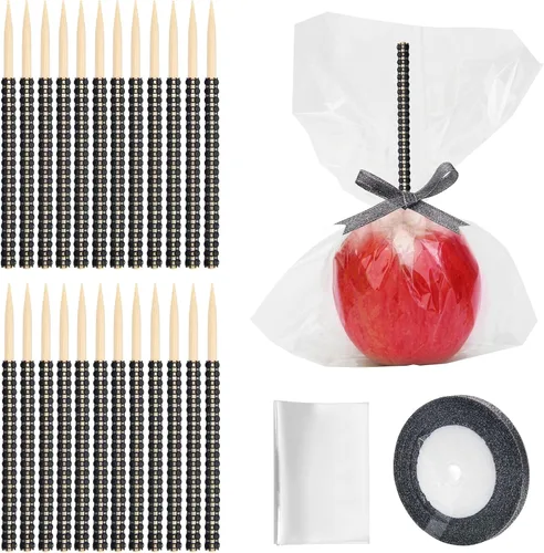 Miniatura 9 de Kit de 24 palos para manzanas de caramelo, 24 palos brillantes para manzanas con pedrería de rinestone de madera con 24 bolsas/ 25 yardas de cinta