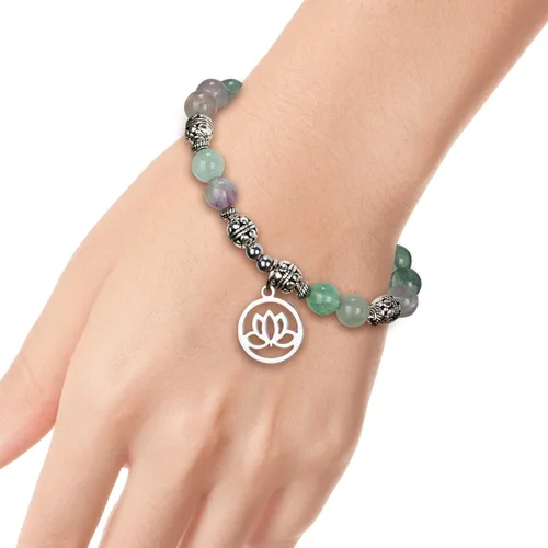 Miniatura 4 de SPUNKYsoul Pulsera de cuentas de energía curativa de fluorita de cristal de loto para mujer, acero inoxidable y aleación, Cristal, fluorita