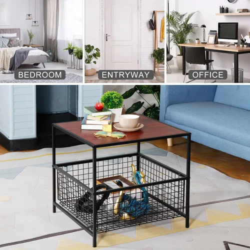 Miniatura 6 de SUPER DEAL Mesa auxiliar de 2 niveles con cesta de malla, mesa auxiliar cuadrada de 20 pulgadas para dormitorio, sala de estar, mini soporte