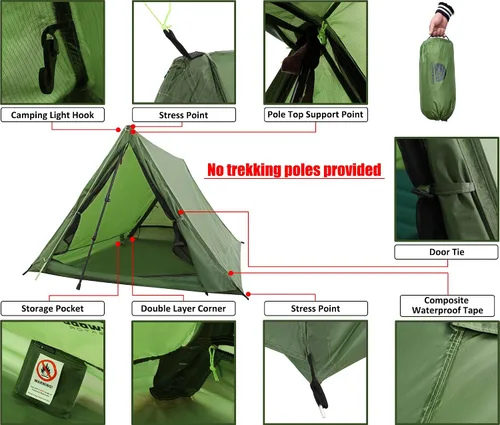 Miniatura 5 de 2-Person Trekking Pole Tent for Backpacking - Ultralight A-Frame Backpacking Tent, Two Person Waterproof Hiking Tent for Camping, Lightweight