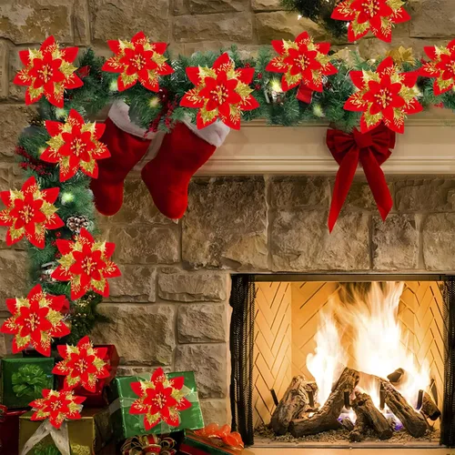 Miniatura 4 de 16 decoraciones artificiales de flor de pascua con purpurina de oro rojo – adornos de Navidad de flor de pascua roja y decoración de árbol