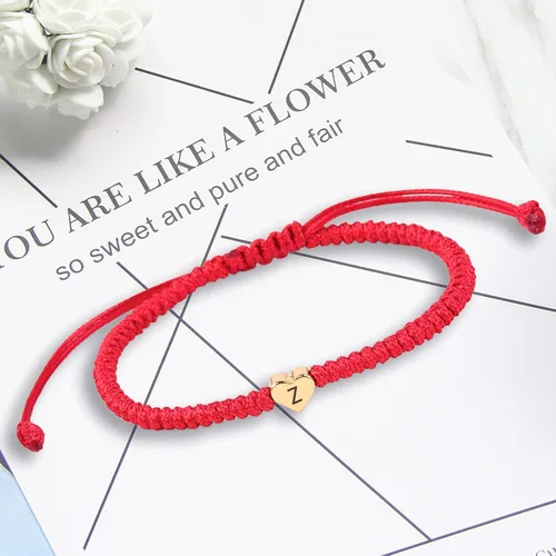 Miniatura 5 de Pulsera de inicial, pulsera dorada con dije de corazón y amor, pulsera con inicial roja de la A a la Z, pulseras de cuerda ajustable hechas a mano