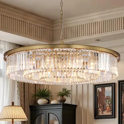 Miniatura 12 de Candelabro grande de cristal moderno de lujo, lámpara de techo colgante de oro antiguo para comedor, sala de estar, 12 luces, 3 niveles