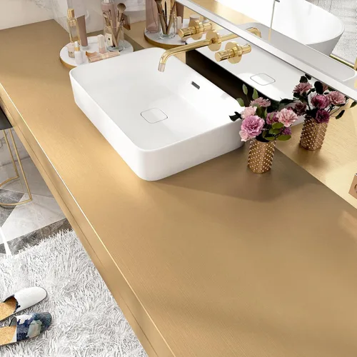Miniatura 7 de Wallercity Papel adhesivo de acero inoxidable dorado cepillado para encimeras, papel tapiz metálico dorado para despegar y pegar, envoltura