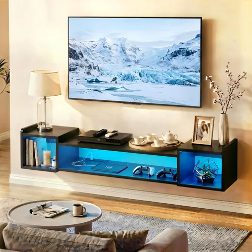 Romorgniz - Soporte de TV flotante de 55.1 pulgadas de ancho con luces LED y tomas de corriente para televisores de 50, 55, 60, 65 pulgadas, centro