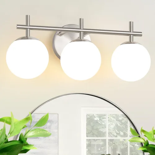 Miniatura 10 de Juego de dos apliques de pared dorados, paquete de 2 lámparas de baño de oro cepillado con vidrio de globo blanco lechoso, apliques modernos