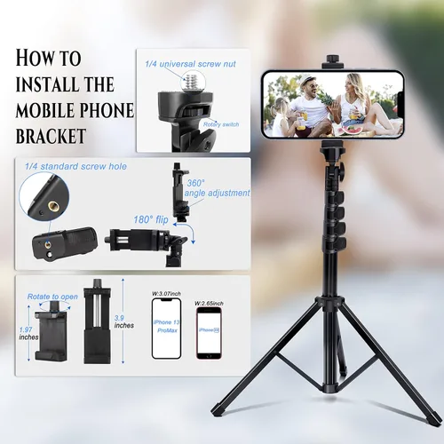 Miniatura 5 de Soporte de trípode para teléfono Selfie Stick de 60 pulgadas, accesorios de cámara profesional con registro remoto inalámbrico compatible con iPhone
