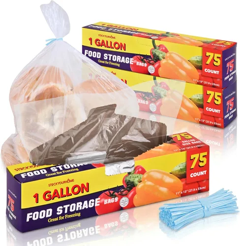 Bolsas de almacenamiento de alimentos de 1 galón con lazos giratorios (225 unidades) bolsas de almacenamiento a granel para congelador, tamaño de