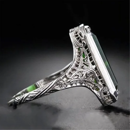 Miniatura 4 de ChenFeng Anillo de plata 925 hecho a mano con corte baguette con piedra esmeralda verde simulada para hombre y mujer (9)