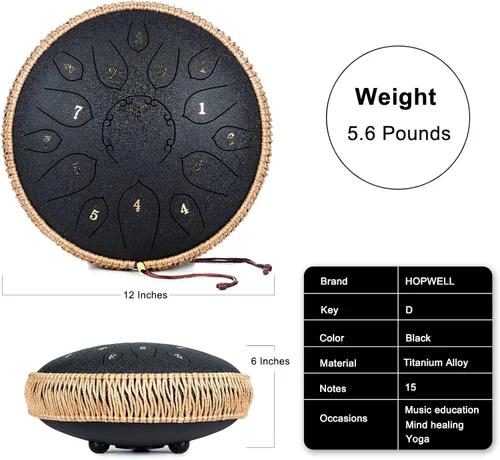 Miniatura 5 de HOPWELL Tambor de Lengua de Acero - Tambor de Lengua de 15 Notas de 12 Pulgadas - Instrumentos de Percusión - Tambor Hand Pan con Libro de Música