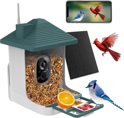 Alimentador inteligente para pájaros con cámara, identificación de especies por IA, casa para pájaros con energía solar, alertas de llegada