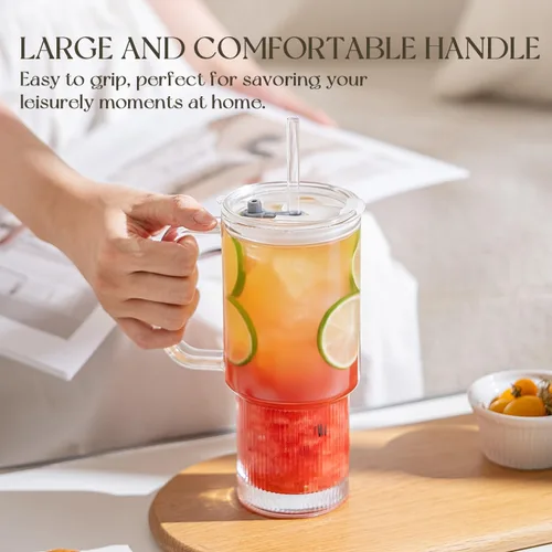 Miniatura 6 de KEMORELA Paquete de 2 vasos de vidrio acanalado de 26 onzas con asa y tapa, grandes tazas de café helado estéticas con pajitas, tazas de vidrio