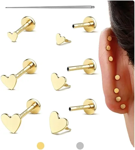 Miniatura 18 de GEMQUEEN Aretes tipo dormilona plana: aretes de acero quirúrgico de titanio rellenos de oro de 14 quilates, hipoalergénicos para mujeres y hombres