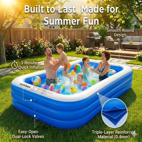 Miniatura 3 de Sumbee Piscina inflable para niños de 4 a 8 a 12 años y adultos, 120 x 72 x 22 pulgadas con PVC grueso, 306 galones, piscina rectangular grande