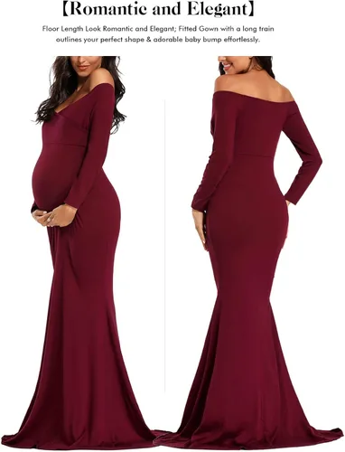 Miniatura 5 de Ecavus - Vestido de maternidad para mujer con hombros descubiertos, cuello en V, manga larga, para sesión de fotos