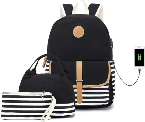 Mochila escolar para adolescentes y mujeres, lindo juego de mochila universitaria de lona a rayas con bolsa de almuerzo, bolsa para lápices, color