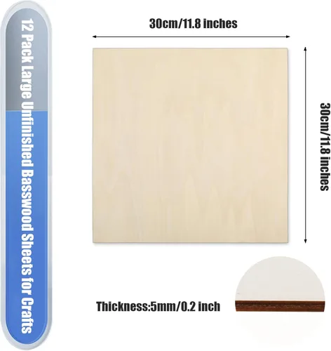 Miniatura 2 de Paquete de 16 hojas de madera contrachapada de tilo de 12 x 12 x 1/5 pulgadas a 0.197 in de grosor, tableros de madera contrachapada de tilo