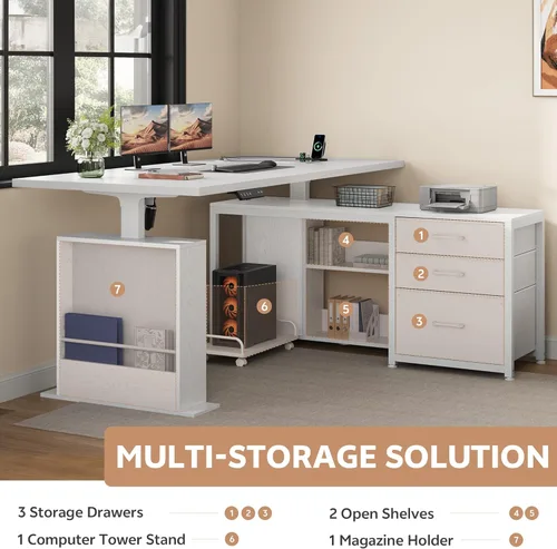 Miniatura 6 de Escritorio eléctrico en forma de L de 47 pulgadas con 3 cajones, mesa de computadora de almacenamiento, altura ajustable con tomas de corriente, 4