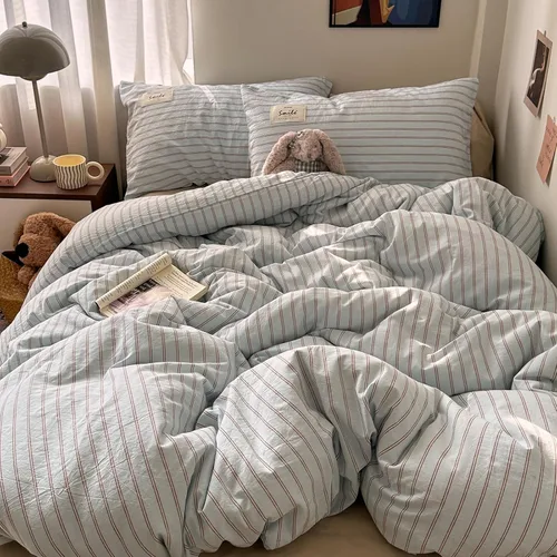 AOJIM Blue & Brown Striped Duvet Cover Set Twin Size 100% Washed Cotton Stripe Bedding Set 3-Piece, Soft Zipper Comforter Cover and 2 Pillowcases