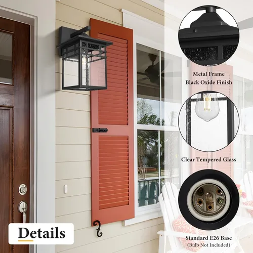 Miniatura 2 de Lámpara de pared para exteriores, apliques de pared negros con vidrio sembrado para porche delantero, farol de pared cuadrado grande de 9 pulgadas