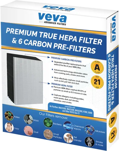 Miniatura 7 de Verdadero filtro HEPA premium con 6 prefiltros de carbón activados compatibles con purificador de aire 115115 Tamaño 21, Filtro A y Purificador