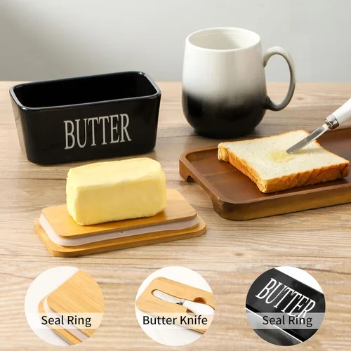Miniatura 5 de Hasense Mantequillera con Tapa, Plato de Mantequilla de Cerámica con Cuchillo para Encimera, Recipiente Hermético Cubierto para Mantener Negro