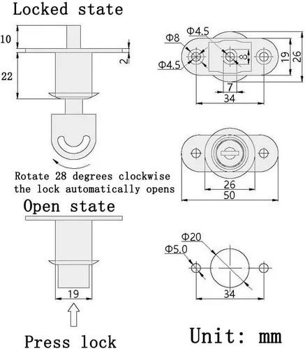 Miniatura 4 de Cerradura de émbolo de empuje para puerta corredera, caja de luz, cerradura de gabinete deslizante para ventana, longitud cilíndrica, 0.866 in