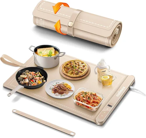 Alfombrilla de calentamiento de alimentos, bandeja de calentamiento eléctrica de grafeno de superficie completa, 6 ajustes de temperatura y apagado