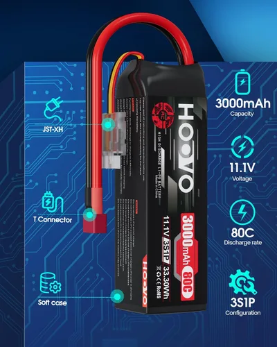 Miniatura 2 de HOOVO Batería Lipo 3S, 11.1 V, 3000 mAh, 80C, estuche blando con enchufe en T estilo Dean para automóvil, camión, buggy, rastreador, avión, barco