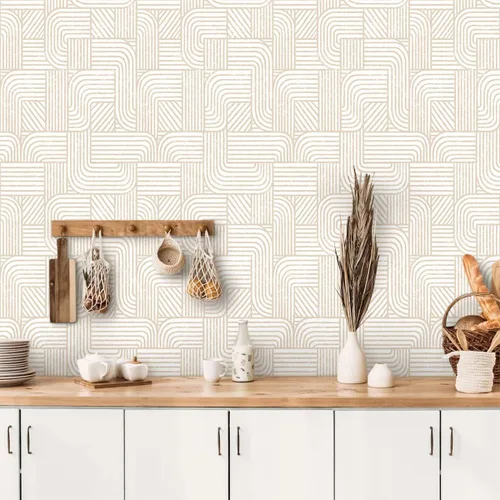 Miniatura 7 de Papel tapiz moderno para despegar y pegar, papel de contacto bohemio para armarios, cajones, rayas beige y blancas, papel tapiz geométrico