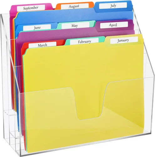 Estune Organizador de archivos vertical acrílico, soporte horizontal triple para carpetas de archivos, almacenamiento de escritorio de papel, caja