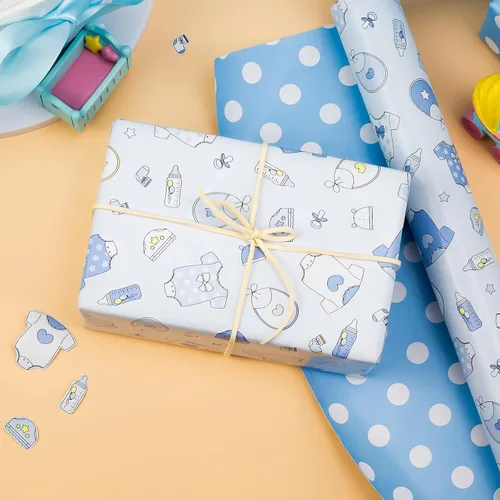 Miniatura 3 de MAYPLUSS Rollo de Papel de Regalo para Recién Nacido - 17 Pulgadas x 4.76 Metros - Lindo Diseño de Snapsuit y Botellas de Bebé Azul para Niño