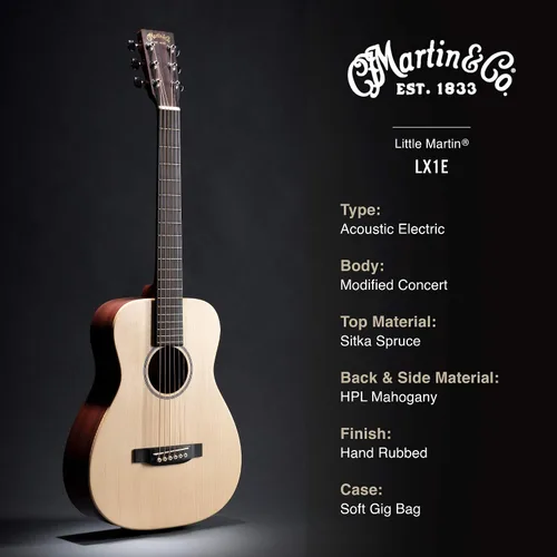 Miniatura 5 de Martin LX1E guitarra acústica con electrónica Fishman Sonitone, con tapa de abeto sólido de Sitka, modificada O - cuerpo de boltaron w/red