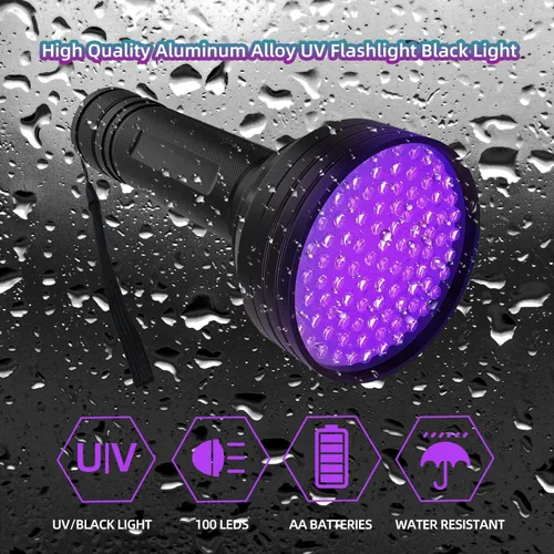 Miniatura 3 de Linterna UV de luz negra, 100 LED (390 nm), detector portátil de orina de mascotas para orina de perro/gato, manchas secas, chinches, batería