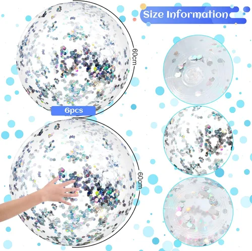 Miniatura 2 de Civaner 6 bolas de playa inflables plateadas de verano con purpurina de 24 pulgadas, bolas de piscina grandes con confeti brillante, transparentes