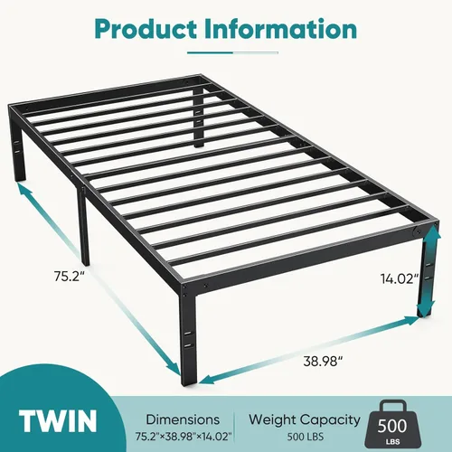 Miniatura 2 de OLIXIS 14in Metal Twin Bed Frame High with Storage Space, Sturdy Steel Slat Support with 800LBS Heavy Duty, No Box Spring Needed, Easy Assembly