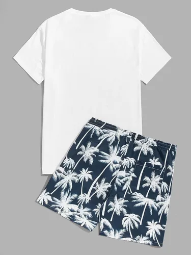 Miniatura 16 de GORGLITTER Conjunto de 2 piezas de camiseta gráfica de manga corta para hombre, estampado hawaiano con cordón y pantalones cortos