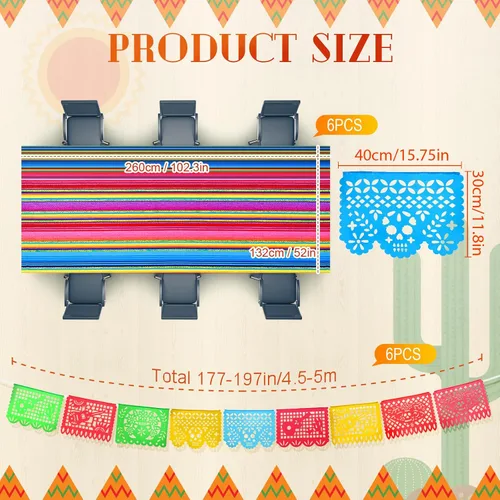 Miniatura 2 de Preboun Mantel de plástico mexicano y pancarta de papel picado mexicano, suministros de decoración de fiesta, mantel para mesas rectangulares, Fresco