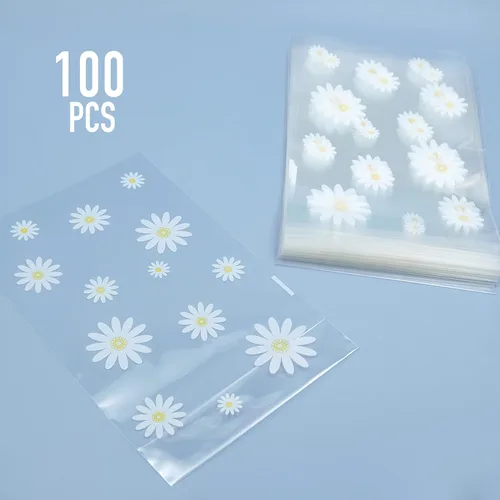 Miniatura 2 de souG 100 bolsas de celofán con fuelle pequeñas de margaritas blancas