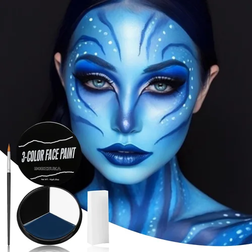 Miniatura 2 de Pintura facial blanca, negra y azul + 3 piezas de esponja + juego de pintura corporal con pincel, negro ojo para juegos deportivos de béisbol