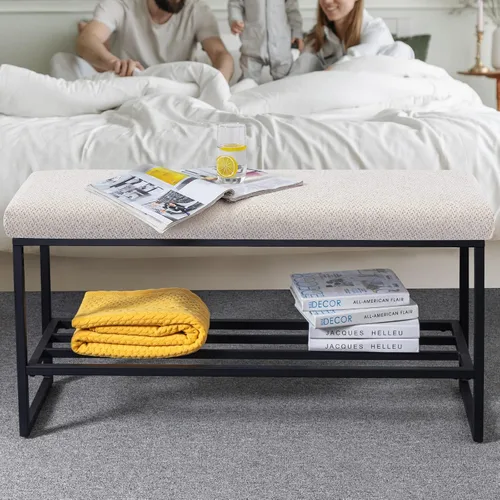 Zesthouse Banco de zapatos tapizado para entrada con almacenamiento, cómodo banco de tela para dormitorio, extremo de cama, zapatero de metal para