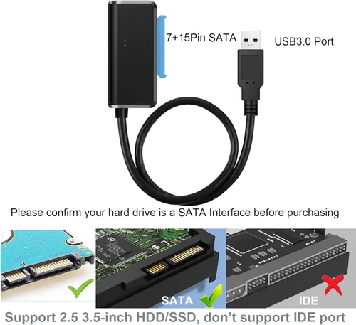 Miniatura 8 de Cable SATA a USB 3.0 a 2.5 Adaptador de disco duro de 3.5 pulgadas, convertidor externo para transferencia de datos SSD/HDD, con fuente